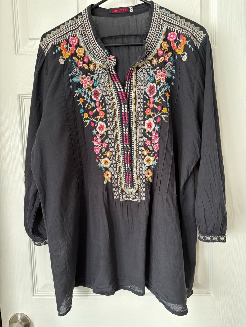 Johnny Was Navy Embroidered Floral Tunic Top